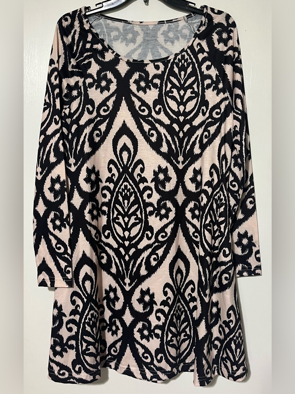 Black and Blush Scroll-Print Long Sleeve Dress